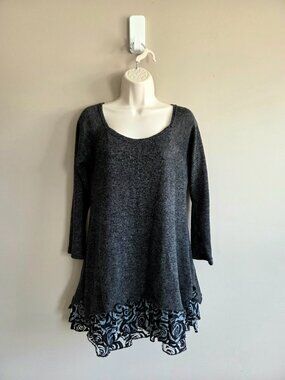 Papillon dark grey tunic dress knit top floral ruffled hem